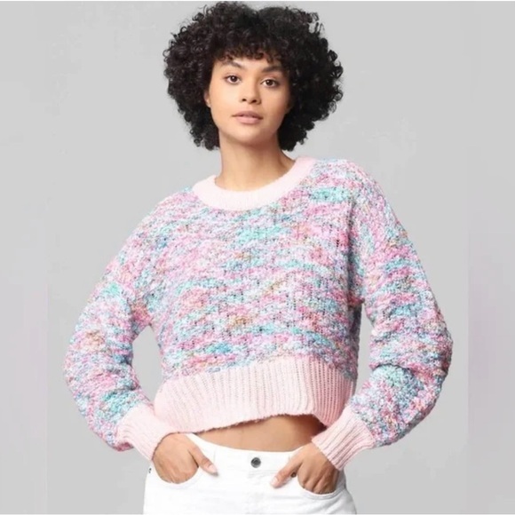 Jessica Simpson Sweaters - Jessica Simpson XS Cropped Sweater Chunky Knit Pastel Pink Multicolor Rainbow